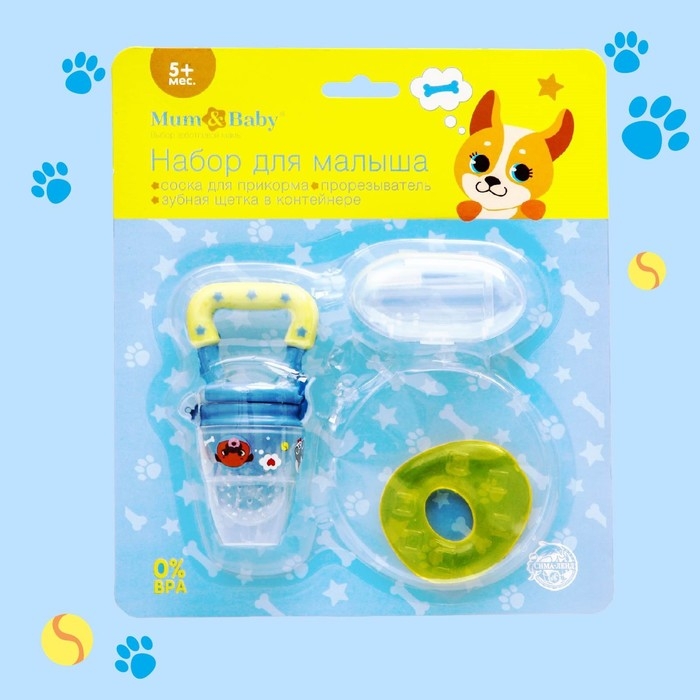 Набор: ниблер для прикорма с силиконовой сеточкой + силиконовая зубная щетка на палец в контейнере + силиконовый прорезыватель «Пёсики» Набор: ниблер для прикорма с силиконовой сеточкой + силиконовая зубная щетка на палец в контейнере + силиконовый прорезыватель «Пёсики»