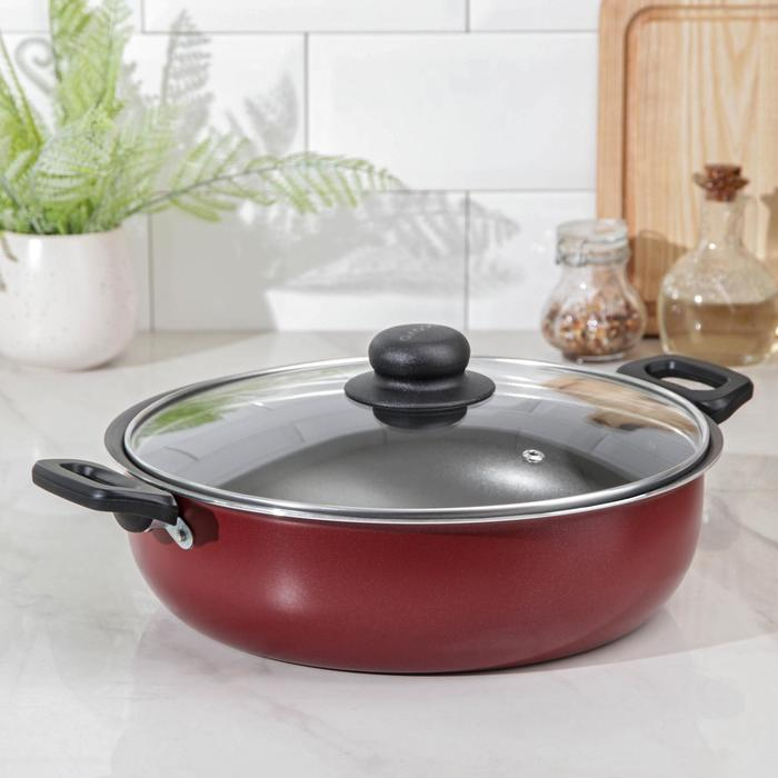 Жаровня &laquo;Эксперт&raquo;, 3,5 л, d=26 см, стеклянная крышка, антипригарное покрытие, цвет бордовый