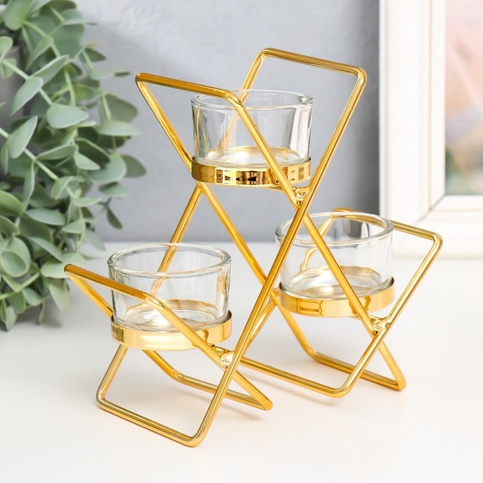 Подсвечник металл, стекло на 3 свечи "Пересечения" d-4,5 см золото 14х6х16 см