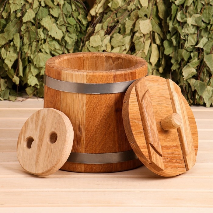 Кадка-бочка для засолки дубовая, 3 л, нержавеющий обруч, с крышкой, с гнетом