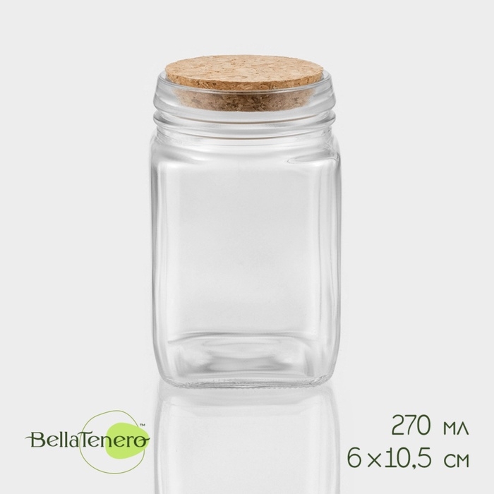 Банка стеклянная для хранения сыпучих продуктов BellaTenero &laquo;Эко&raquo;, 270 мл, 6&times;10,5 см, с пробковой крышкой