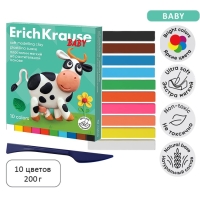 Пластилин мягкий (восковой) 10 цветов, 200 г, ErichKrause Baby на растительной основе с Алоэ Вера, со стеком Пластилин мягкий (восковой) 10 цветов, 200 г, ErichKrause Baby на растительной основе с Алоэ Вера, со стеком