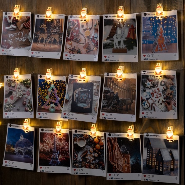 Гирлянда &laquo;Нить&raquo; 2 м роса с насадками &laquo;Прищепки с Дедом Морозом&raquo;, IP20, серебристая нить, 20 LED, батарейки ААх2 (нет в комплекте), свечение тёплое белое