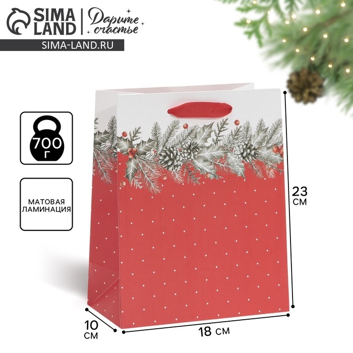 Пакет подарочный новогодний ламинированный &laquo;Еловая веточка&raquo;, MS 18 х 23 х 10 см, Новый год