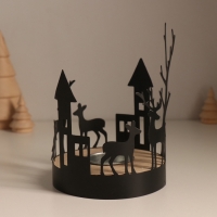 Подсвечник металл, дерево на 1 свечу "Домики и олени" d=4 см 10х10х13,8 см Подсвечник металл, дерево на 1 свечу "Домики и олени" d=4 см 10х10х13,8 см