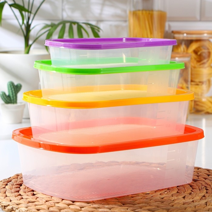 Набор пищевых контейнеров «BioFresh», 4 шт: 500 мл, 1 л, 1,6 л, 2,3 л, прозрачные, крышки микс Набор пищевых контейнеров «BioFresh», 4 шт: 500 мл, 1 л, 1,6 л, 2,3 л, прозрачные, крышки микс