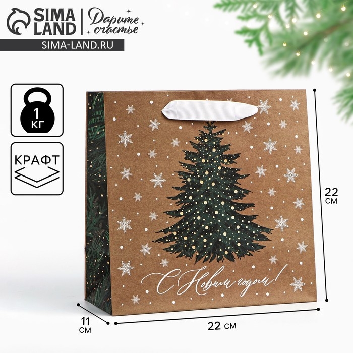 Пакет подарочный новогодний крафтовый квадратный &laquo;Новогодняя красавица&raquo;, 22 х 22 х 11 см, Новый год