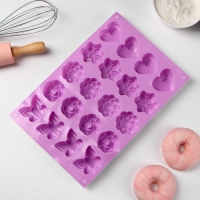 Форма для выпечки Доляна &laquo;Сердце, бабочка, цветок&raquo;, силикон, 29,8&times;19,7 см, 20 ячеек, цвет МИКС