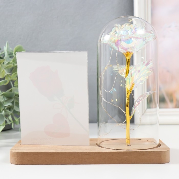 Фоторамка 9х13 см свет "Голография. Роза в колбе" от батареек 2хLR1130 9,8х19,5х18 см