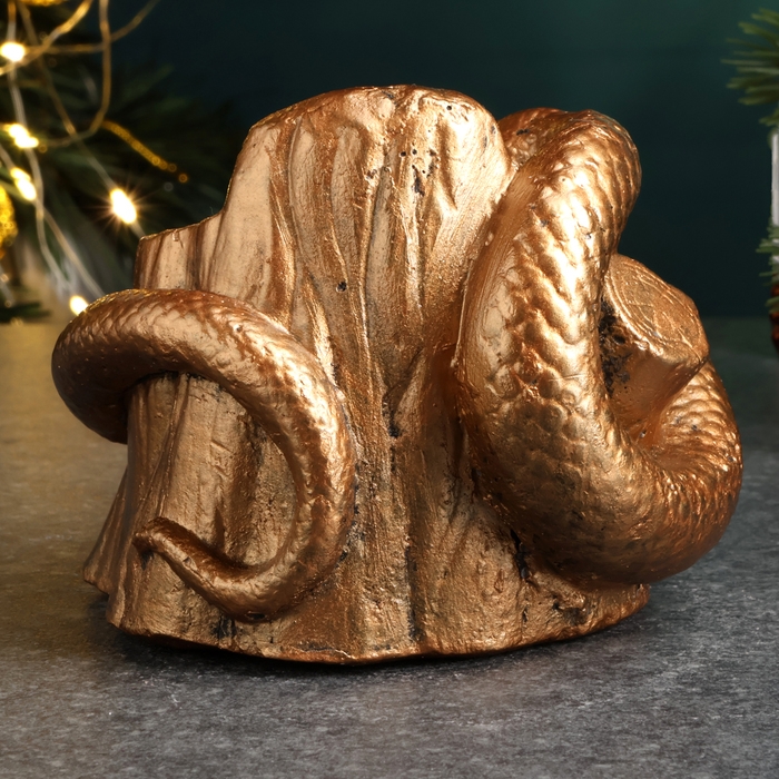 Новый год. Символ 2025. Кашпо "Змея на пеньке" состаренная бронза, 10х10см