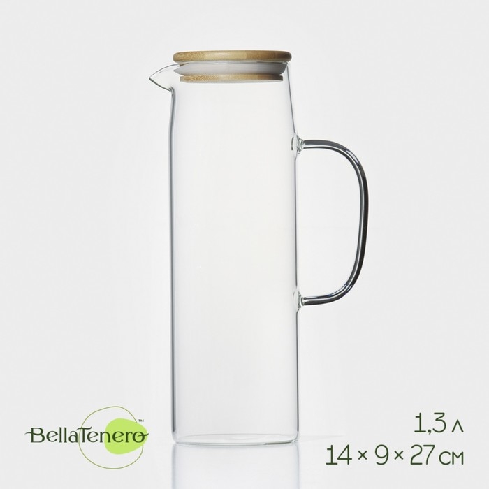 Кувшин для воды стеклянный с бамбуковой крышкой BellaTenero &laquo;Эко&raquo;, 1,3 л, 14&times;9&times;27 см