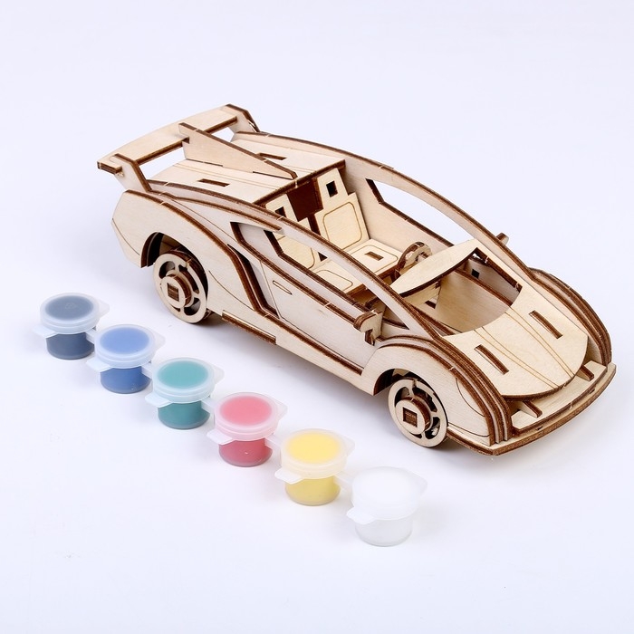 Конструктор из дерева &laquo;Спортивная машина&raquo;, 19,1х8,1х5,8 см, в комплекте краски, кисточка и наждачная бумага