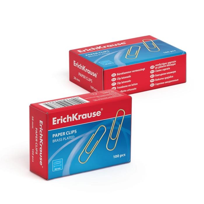 Скрепки канцелярские 28 мм, 100 штук, ErichKrause, омедненные, картонная упаковка
