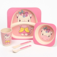 Набор бамбуковой посуды &laquo;Единорог&raquo;, тарелка, миска, стакан, приборы, 5 предметов