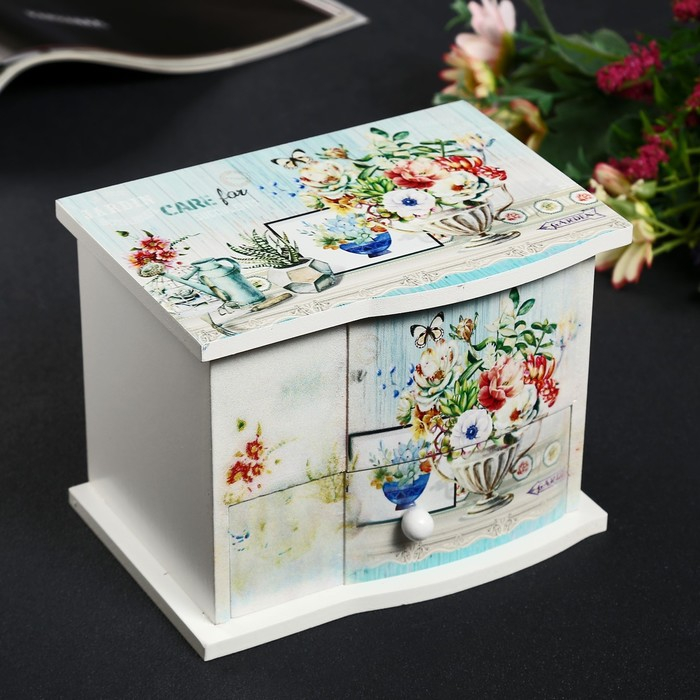 Шкатулка дерево комод 1 ящик музыкальная Шкатулка дерево комод 1 ящик музыкальная "Букет в античной вазе" 11х14,7х10,6 см