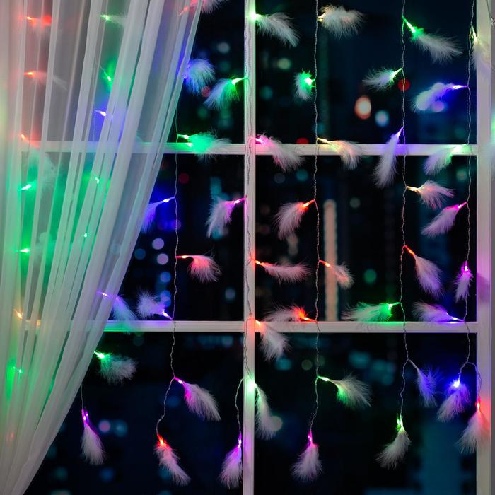 Гирлянда &laquo;Занавес&raquo; 3 &times; 1.4 м с насадками &laquo;Перья&raquo;, IP20, прозрачная нить, 80 LED, свечение мульти (RG/RB), мигание, 220 В