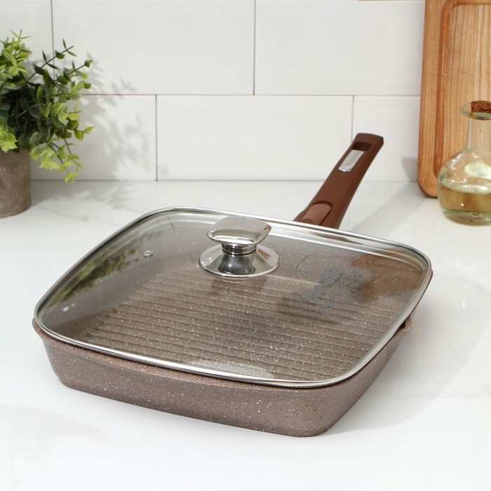 Сковорода-гриль &laquo;Гранит Brown&raquo;, квадратная, 28&times;28 см, съёмная ручка, стеклянная крышка, антипригарное покрытие, цвет коричневый