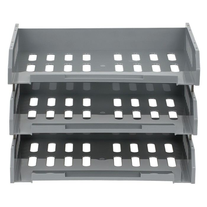 Набор горизонтальных лотков для бумаг с широкой загрузкой Стамм "Сити", 3 штуки, на металлических стержнях, серый