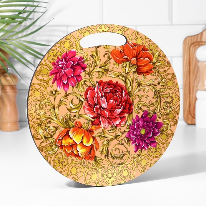 Доска разделочная и сервировочная круглая кухонная Доска разделочная и сервировочная круглая кухонная "Жостовская роспись", 25,5 см