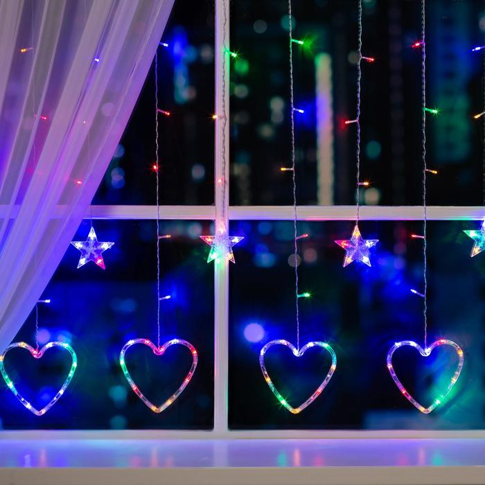 Гирлянда &laquo;Бахрома&raquo; 2.4 &times; 0.9 м с насадками &laquo;Сердце&raquo;, IP20, прозрачная нить, 186 LED, свечение мульти, 8 режимов, 220 В