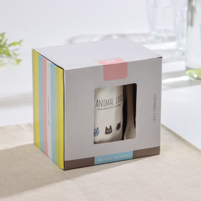 Кружка керамическая с деревянной крышкой и ложкой «Зверята», 360 мл, рисунок МИКС Кружка керамическая с деревянной крышкой и ложкой «Зверята», 360 мл, рисунок МИКС