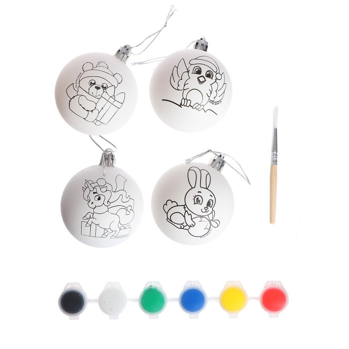 Ёлочные шары под раскраску на новый год &laquo;Чудесный праздник&raquo;, краски, 4 шт, новогодний набор для творчества