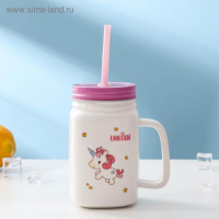 Кружка керамическая с металлической крышкой и трубочкой «Единорог», 450 мл, цвет МИКС Кружка керамическая с металлической крышкой и трубочкой «Единорог», 450 мл, цвет МИКС