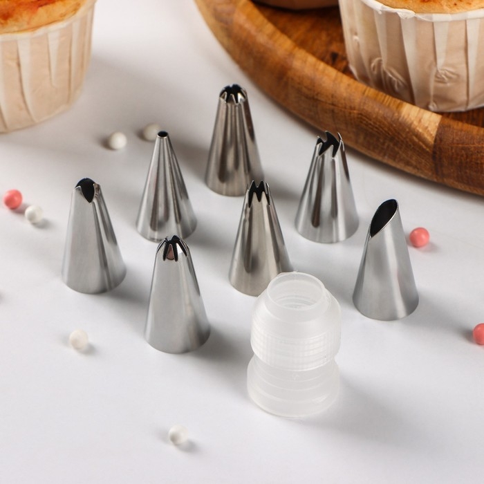 Набор насадок кондитерских Доляна, d=1,6 см, насадки 7 шт, адаптер 1 шт, насадки МИКС Набор насадок кондитерских Доляна, d=1,6 см, насадки 7 шт, адаптер 1 шт, насадки МИКС