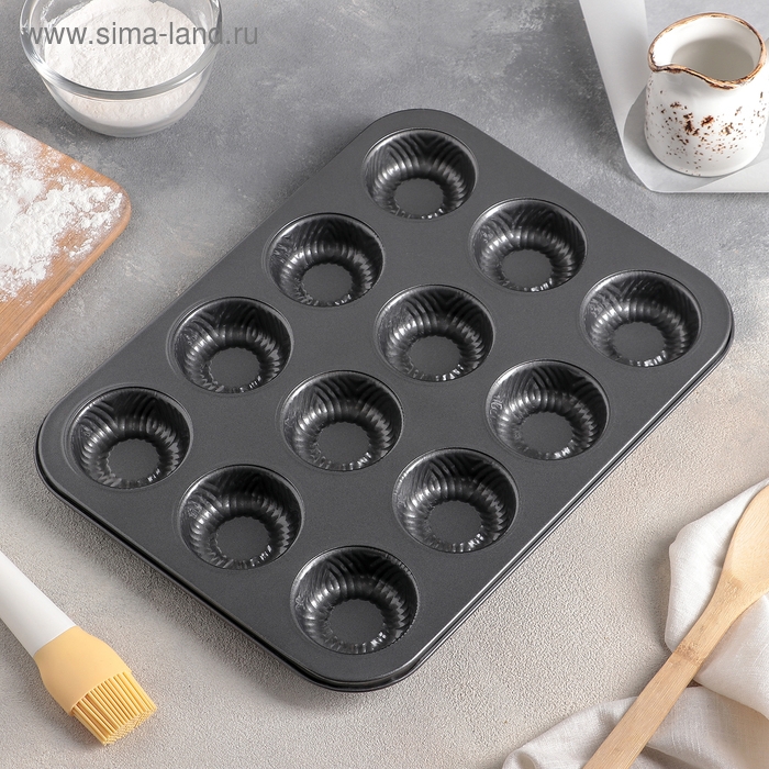 Форма для выпечки Доляна «Пудинг», 35×27×3 см, 12 ячеек, антипригарное покрытие, цвет чёрный Форма для выпечки Доляна «Пудинг», 35×27×3 см, 12 ячеек, антипригарное покрытие, цвет чёрный