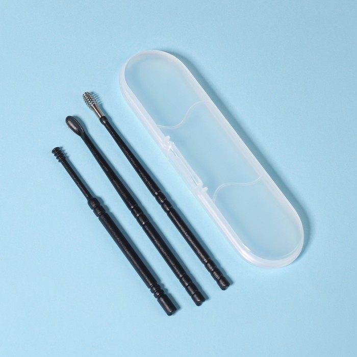 Набор для чистки ушей, 3 предмета, в пластиковом футляре, 10,5 &times; 3 &times; 1 см, цвет чёрный