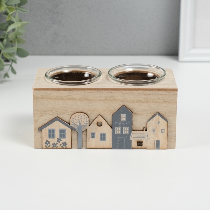 Подсвечник дерево на 2 свечи Подсвечник дерево на 2 свечи "Домики" d=4 см 7,7х15,5х8 см