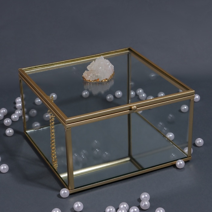 Органайзер для хранения &laquo;MOUNTAINS&raquo;, с крышкой, стеклянный, с зеркальным дном, 1 секция, 15 &times; 15 &times; 8,5 см, цвет прозрачный/медный