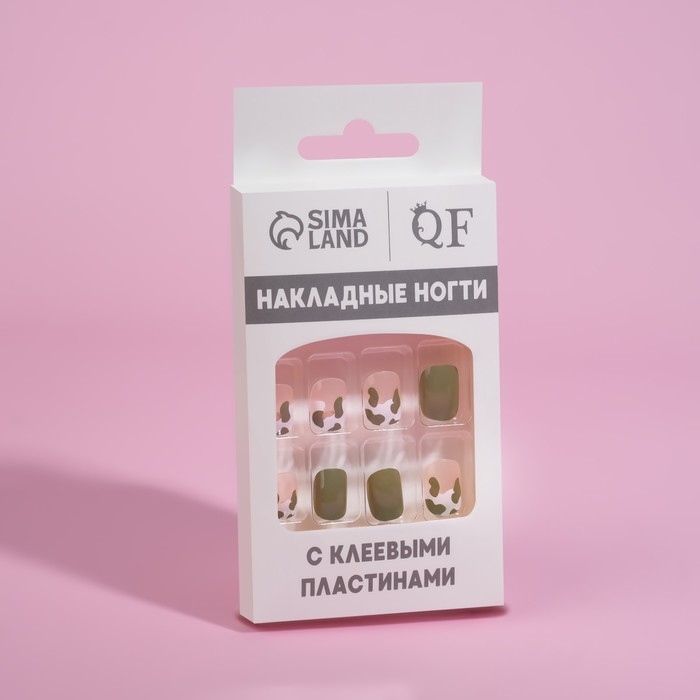 Накладные ногти &laquo;Хакки&raquo;, 12 шт, с клеевыми пластинами, форма мягкий квадрат, цвет зелёный/белый