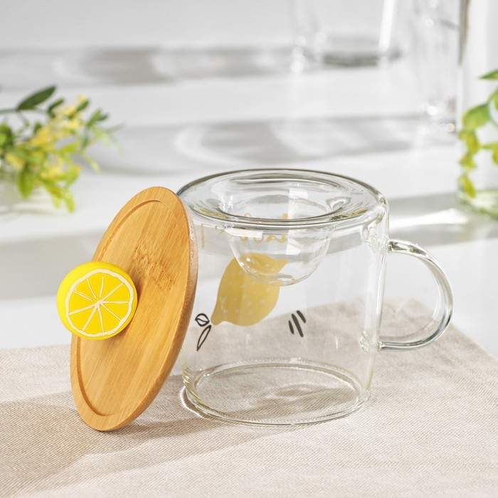 Кружка стеклянная с деревянной крышкой &laquo;Лимончик&raquo;, 350 мл