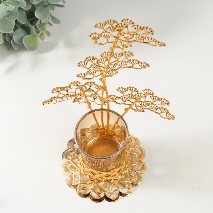 Подсвечник металл, стекло на 1 свечу "Ветви деревца" d=4,7 см, золото 12,3х13,5х20 см