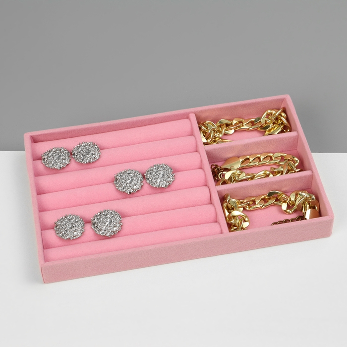 Подставка для украшения 3 ячейки и 6 полос для колец, флок, 21&times;12,3&times;2,5 см, цвет розовый