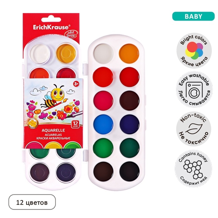 Акварель 12 цветов, ErichKrause ArtBerry, медовая, без кисти, пластиковая коробка, европодвес Акварель 12 цветов, ErichKrause ArtBerry, медовая, без кисти, пластиковая коробка, европодвес