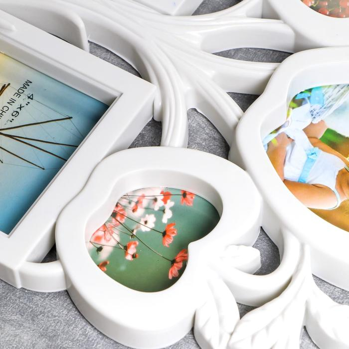 Фоторамка пластик на 5 фото 5,5х7, 9,5х11, 10х15, 10х10 см Фоторамка пластик на 5 фото 5,5х7, 9,5х11, 10х15, 10х10 см "Яблоня" белая 39,5х27,5х2 см