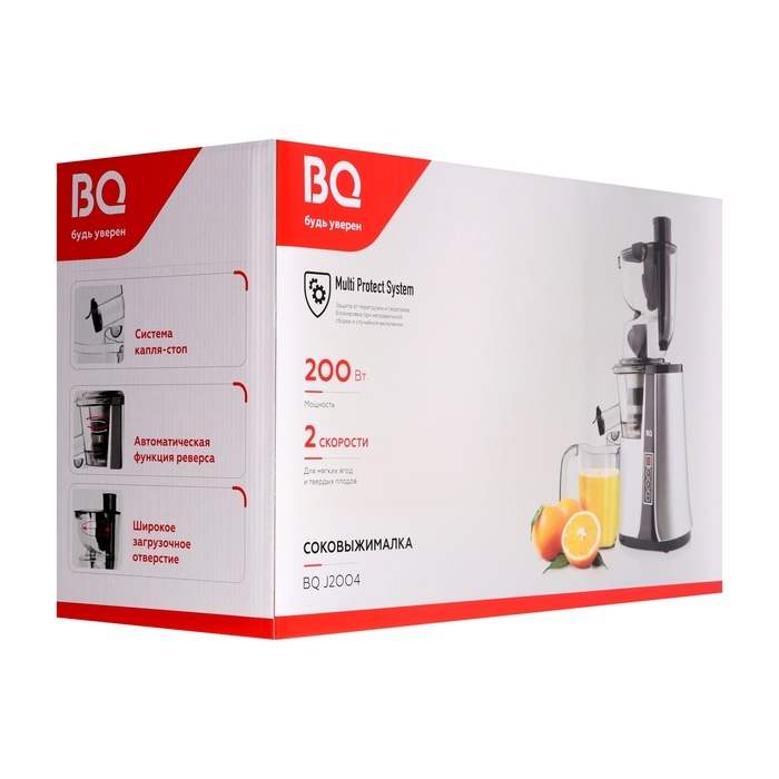 Соковыжималка BQ J2004, шнековая, 200 Вт, 0.9/0.9 л, 70 об/мин, серебристо-чёрная Соковыжималка BQ J2004, шнековая, 200 Вт, 0.9/0.9 л, 70 об/мин, серебристо-чёрная
