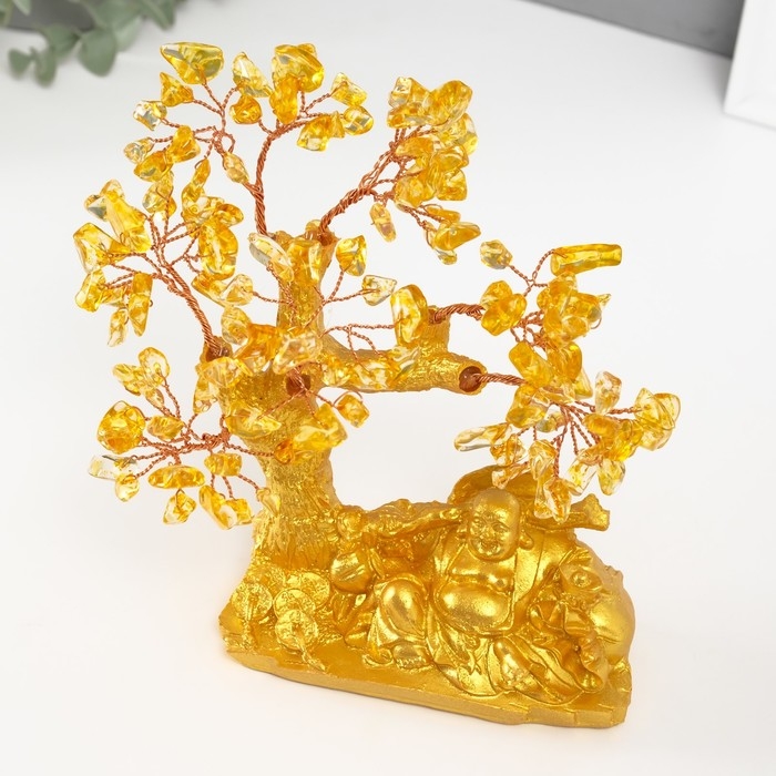 Сувенир бонсай Сувенир бонсай "Хотей с богатствами у денежного дерева" жёлтый 120 камней 13,8х6,2х16,5 см 1047139