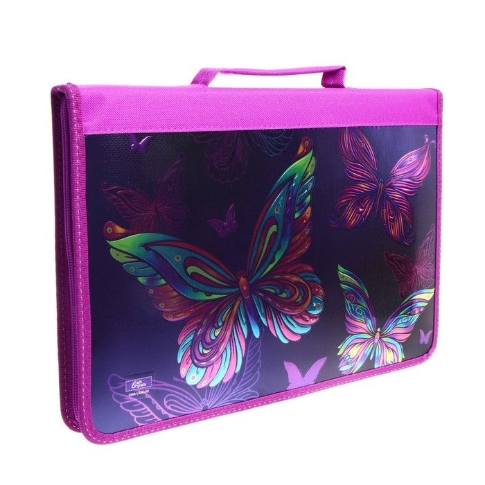 Папка-пенал для труда А4, 340 х 240 х 30 мм, с ручкой, молния вокруг, наполнение 27 предметов, Calligrata, Папка-пенал для труда А4, 340 х 240 х 30 мм, с ручкой, молния вокруг, наполнение 27 предметов, Calligrata,"Бабочки", ламинированный картон (объемный 3D-рисунок с эффектом металлика)