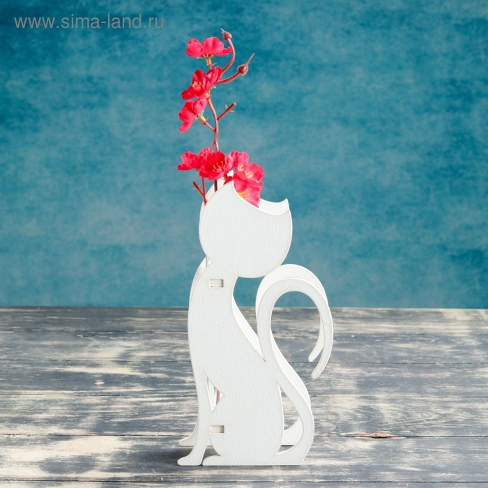 Кашпо деревянное 13&times;5.2&times;24.5 см с 1 колбой "Кошка", белый Дарим Красиво