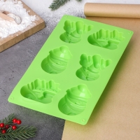 Форма для выпечки новогодняя Доляна &laquo;Новый год&raquo;, силикон, 27&times;17&times;3 см, 6 ячеек (8&times;7&times;3 см), цвет зелёный