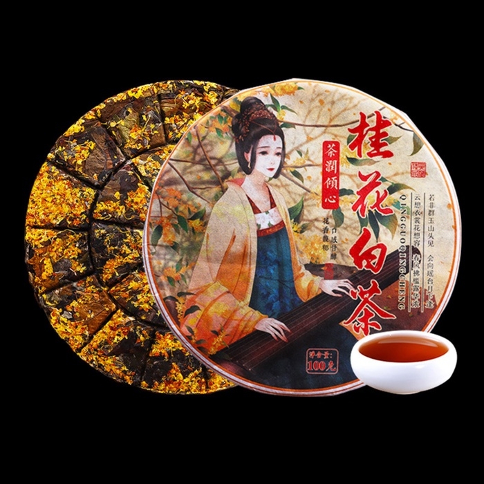 Китайский выдержанный белый чай "Гунмэй" с османтусом, 100 г, 2024, Юньнань, блин