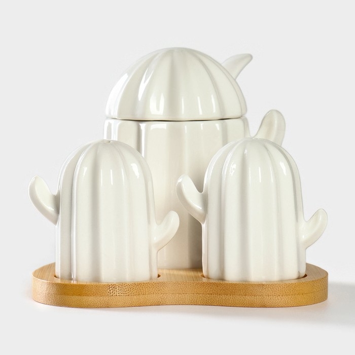 Набор фарфоровый для специй на подставке из бамбука BellaTenero &laquo;Кактусы&raquo;, 12&times;12,5&times;10 см, цвет белый