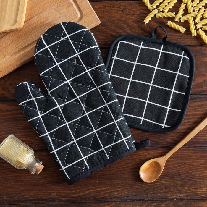 Кухонный набор Доляна &laquo;Клетка&raquo; цв.черный, прихватка 17*17 см, рукавица 26*16 см,100% п/э