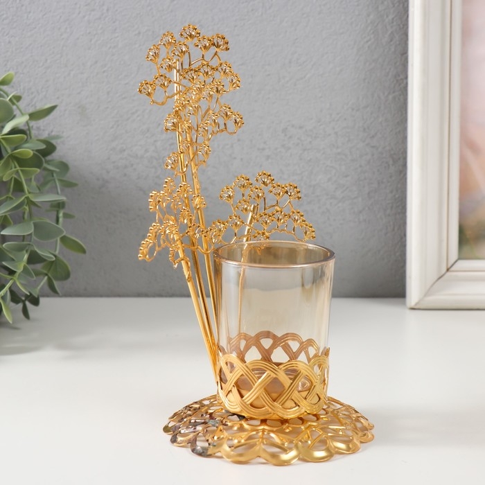 Подсвечник металл, стекло на 1 свечу "Ветви деревца" d=4,7 см, золото 12,3х13,5х20 см
