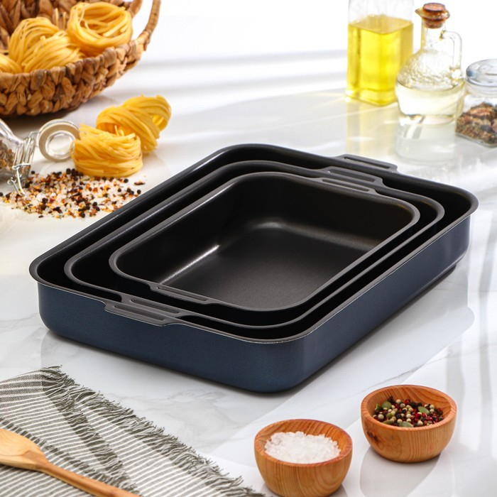 Набор противней &laquo;Лазоньера&raquo;, 3 предмета: 19&times;25 см, 23&times;30 см, 27&times;35 см, h=7 см, антипригарное покрытие, цвет синий