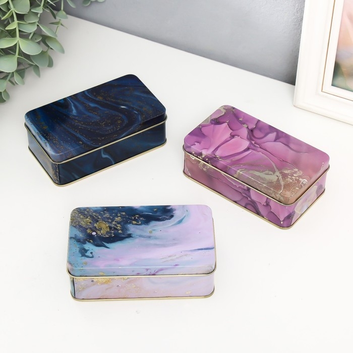 Шкатулка металл прямоугольная Шкатулка металл прямоугольная "Цветной мрамор с золотыми трещинками" МИКС 6,5х3,8х11,5 см