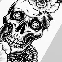 Татуировка на тело черная "Череп в цветах" 48х17 см Татуировка на тело черная "Череп в цветах" 48х17 см